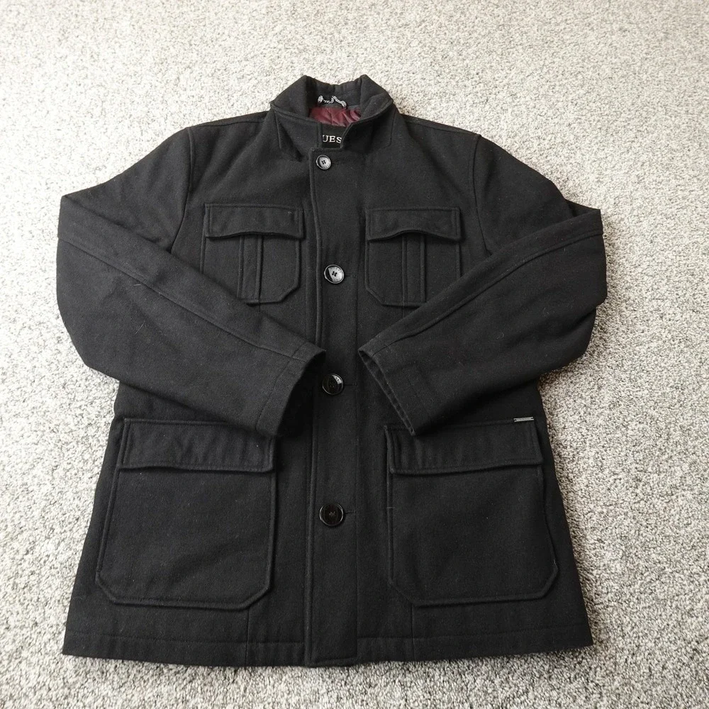 Guess‎ Jacket Mens M Black Wool Blend Field Chore Coat Cargo Utility Heavy Goth